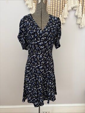 Madewell Navy Floral 100% viscose V-Neck Mini Dress